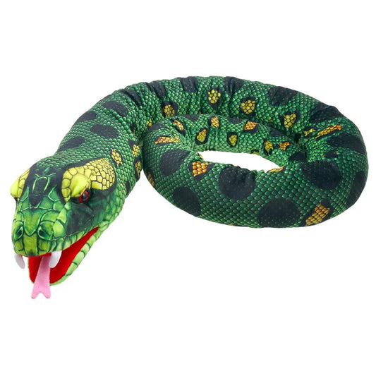 The Puppet Company Large Creature Snake is a 170cm plush toy with realistic green, yellow, and black markings. Its red eyes and pink tongue make it perfect for creative play, easily coiled in a loop to enhance any adventure or storytelling session.