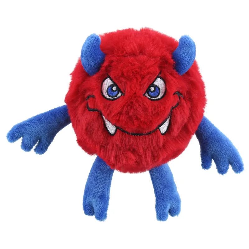 The Snerk Micro Monster Finger Puppet by The Puppet Company is a red, fuzzy toy with blue horns, arms, and legs. It has embroidered eyes, eyebrows, a mischievous smile with white fangs—perfect for playful puppetry!.