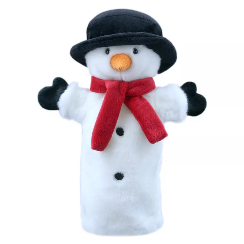 A The Puppet Company Long Sleeved Puppet Snowman with soft white fur, wearing a black hat and mittens, and a red scarf around its neck. It has black buttons down the front, a carrot nose, and is smiling cheerfully with both arms raised—truly a festive toy for the holiday season.