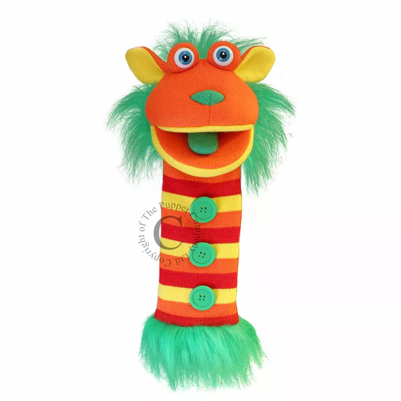 A vibrant kids puppet with a colorful stripe design.