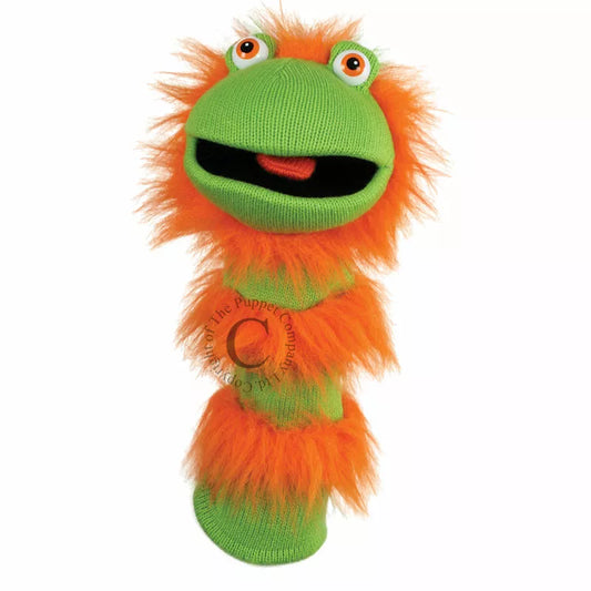 A Sockette puppet that will entertain kids during a puppet show with its orange and green fur.