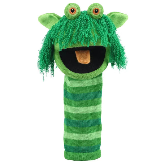 The Puppet Company Sockette Squelch is a green striped sock puppet with googly eyes, floppy ears, and shaggy green yarn hair, made from recycled materials—an eco-friendly hand puppet perfect for imaginative play.