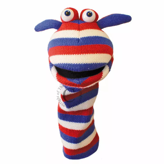 A striped red, white and blue Puppet Company Sockette Puppet Jack hand puppet perfect for kids' puppet shows.