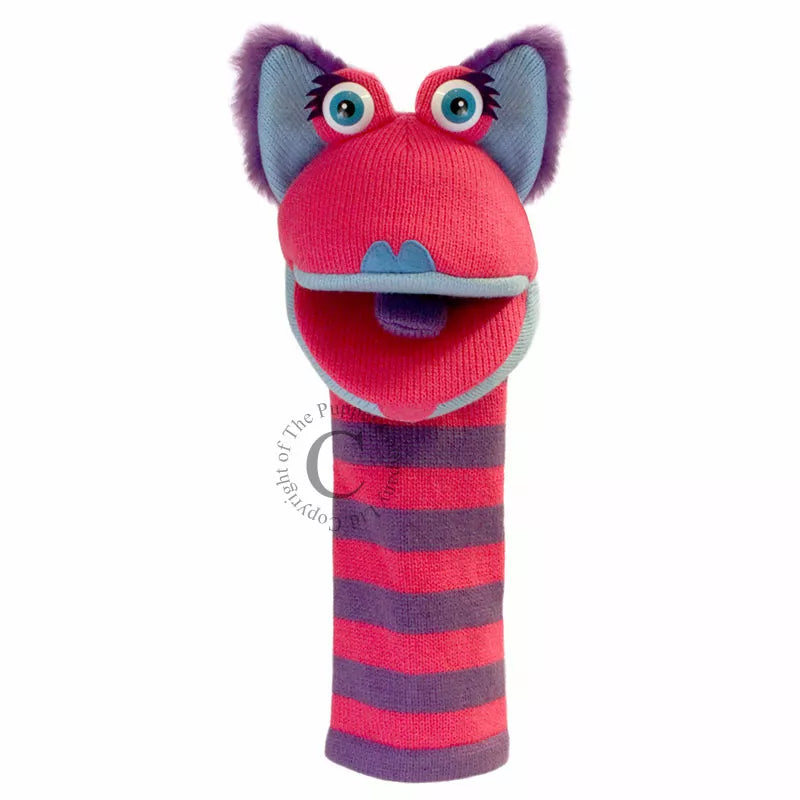 A pink and purple striped puppet kitty perfect for kids' puppet shows.