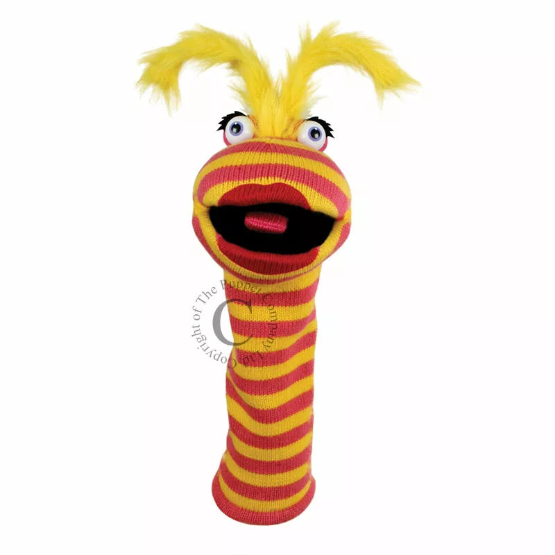 A vibrant yellow and red striped Sockette puppet from The Puppet Company captivates kids during a lively puppet show.