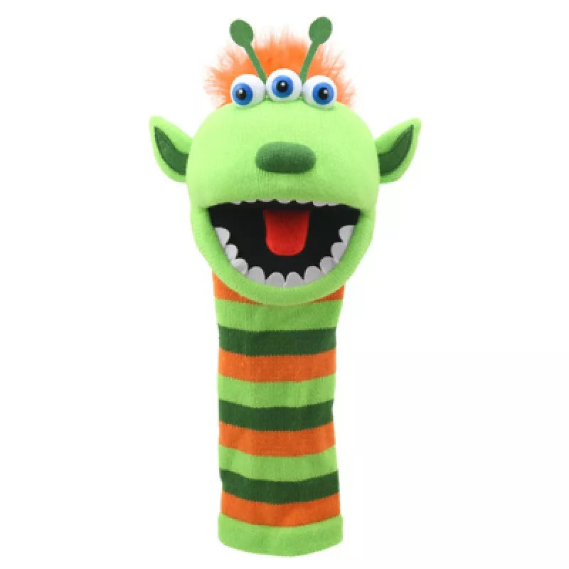 A kid-friendly Puppet Company Sockette puppet in green and orange for a fun puppet show.