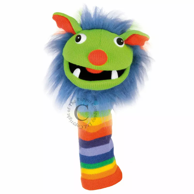 A colorful Sockette puppet with a rainbow hat, perfect for kids' puppet shows.