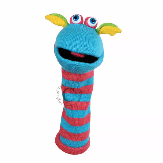 A puppet show favorite for kids, Scorch, a blue and red striped Sockette Puppet from The Puppet Company, boasts big eyes.