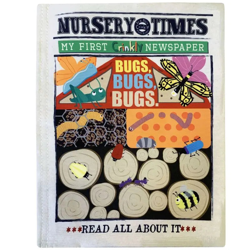 Crinkly Cloth Book Bugs is a soft, fabric sensory baby book featuring colorful cartoon bugs—a frog, bee, butterfly, and ladybug—with the headline "Bugs, Bugs, Bugs! Read all about it!" Perfect as a baby gift.