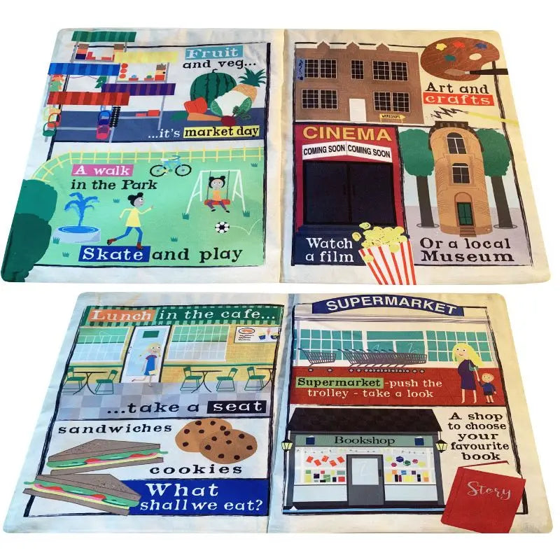 Crinkly Cloth Book Busy Town features four illustrated pages showing a market, park, cinema, museum, café, supermarket, and bookshop—each inviting little ones to enjoy fun activities like skating or choosing a book.