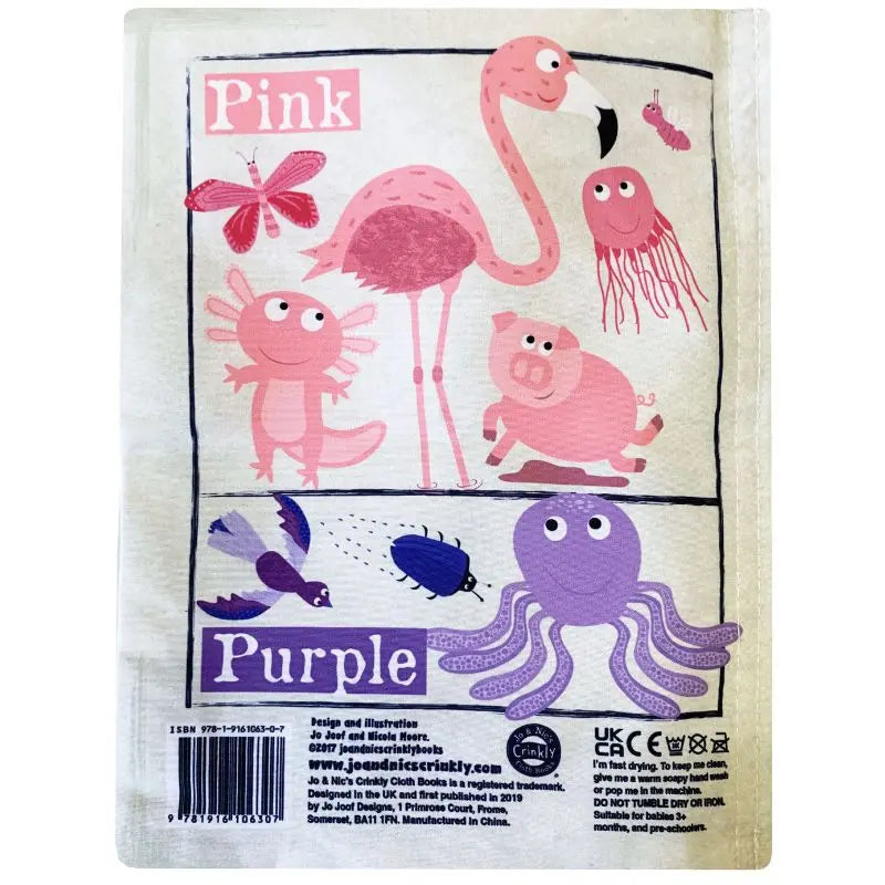 The Crinkly Cloth Book Colourful Creatures features pink animals above “Pink” and purple animals above “Purple” on a baby-friendly, crinkly textured background.
