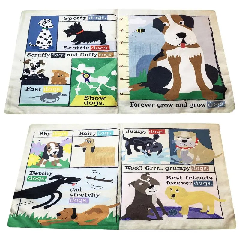 The Crinkly Cloth Book Just Dogs is a colorful sensory baby book featuring illustrations of various dog breeds with labels like “Spotty dogs,” “Scottie dogs,” and phrases such as “Best friends forever dogs.”.