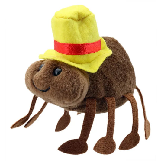 The Puppet Company Incy Wincy Spider Finger Puppet is a plush spider with brown fur, multiple legs, and a yellow hat adorned with a red ribbon. It has a smiling face and bright blue eyes, perfect for imaginative storytelling and creative play.