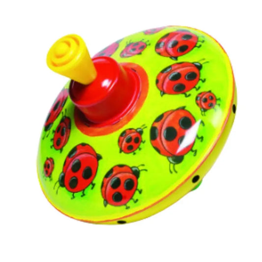 The Spinning Top Ladybird is a traditional tin toy featuring colorful red and black ladybirds on a yellow and green background with a red and yellow handle.