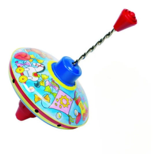 The Spinning Top Traditional is a vintage tin toy with a red handle, blue center, and playful illustrations, designed to delight children. Shown against a white background.