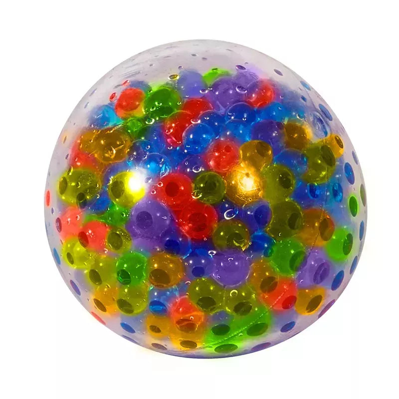 A colorful translucent Squeezy Peezy NeeDoh filled with vibrant water beads creating a mosaic of rainbow hues.