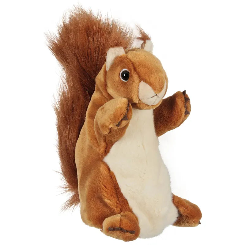 The Puppet Company Long Sleeved Puppet Squirrel stands upright with a bushy brown tail, white belly, and small ears. Featuring raised front paws and a working mouth, it boasts a soft, friendly expression. Ideal for school teachers to engage students against a plain white background.