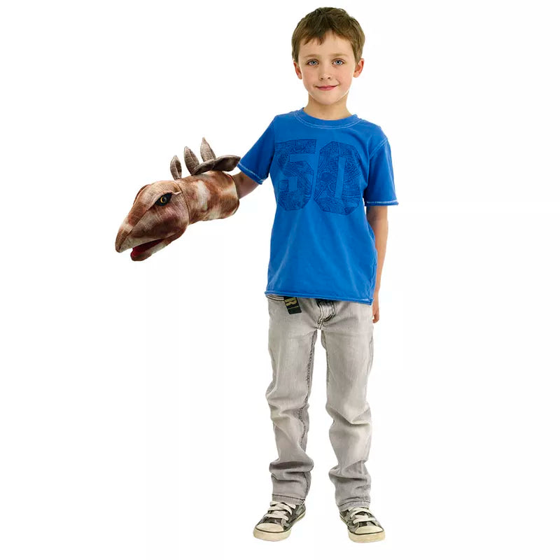 A young boy is holding The Puppet Company Large Dino Head Stegosaurus.