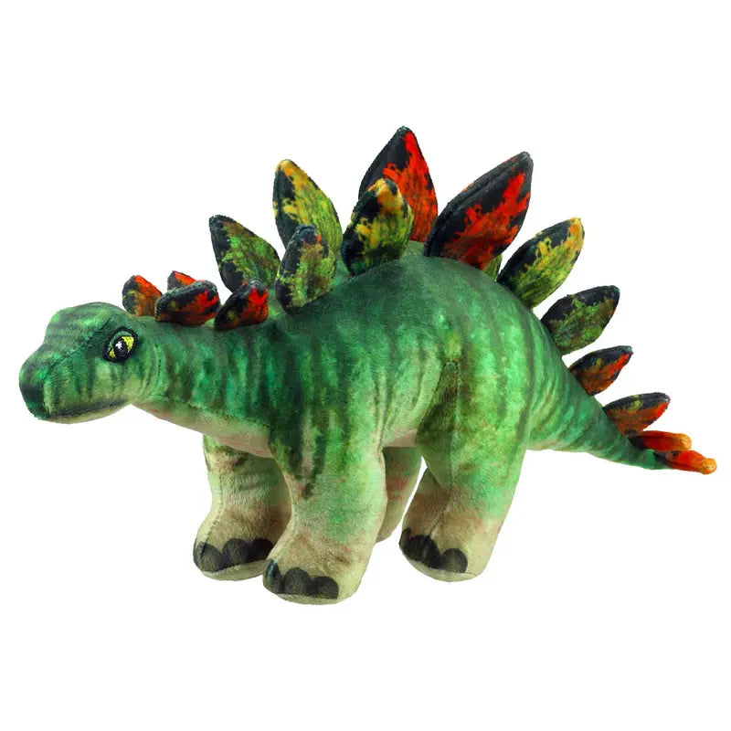 The Natural History Museum Large Stegosaurus Soft Toy is a green dinosaur plush featuring orange, red, and black plates along its back. Standing on four legs and facing left, it's a perfect cuddly toy for dino fans.