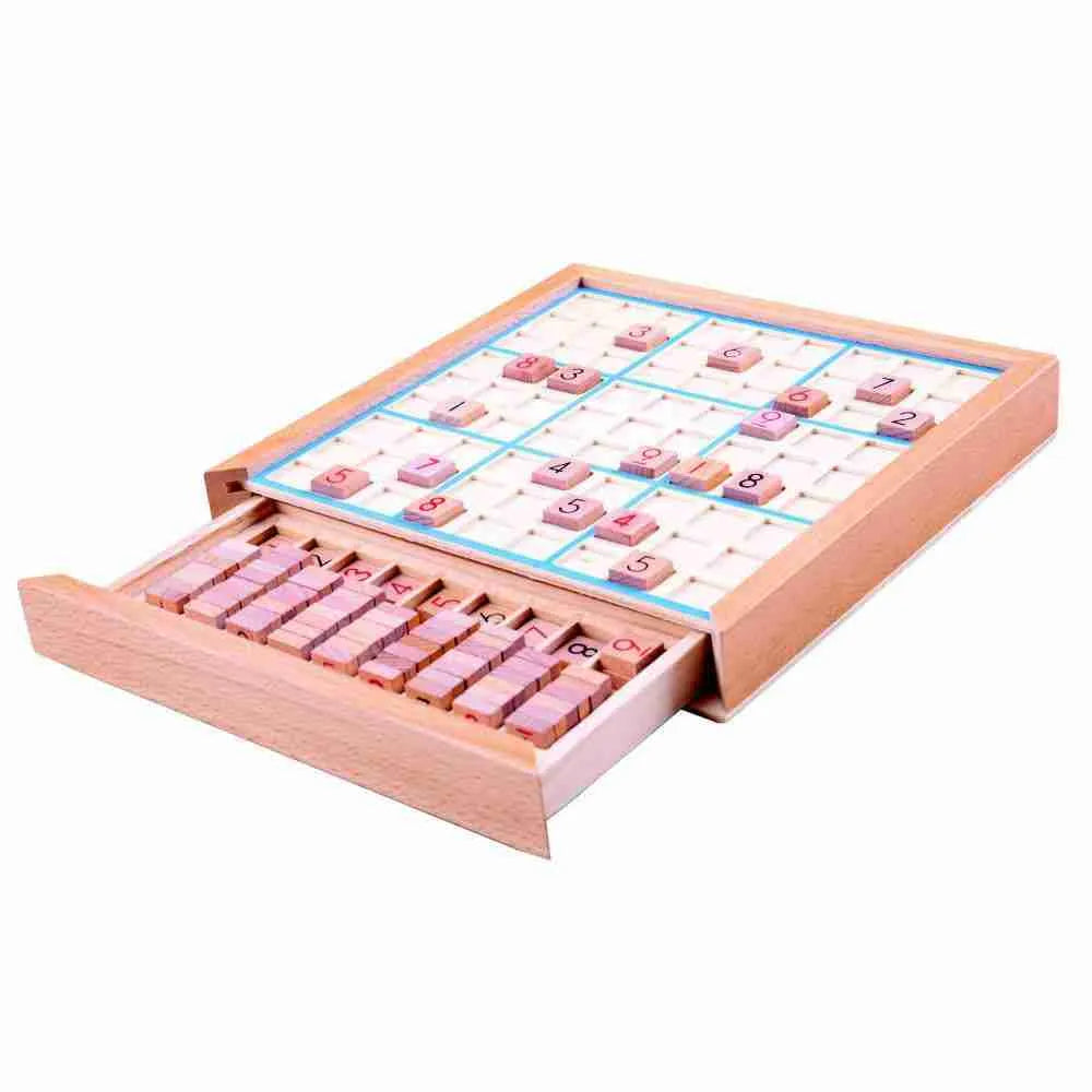 The Bigjigs Sudoku Game features a wooden board designed for strategic gameplay, complete with a sliding drawer that holds letter and number tiles. The partially filled board encourages brain training, while the drawer keeps extra tiles organized for extended play.