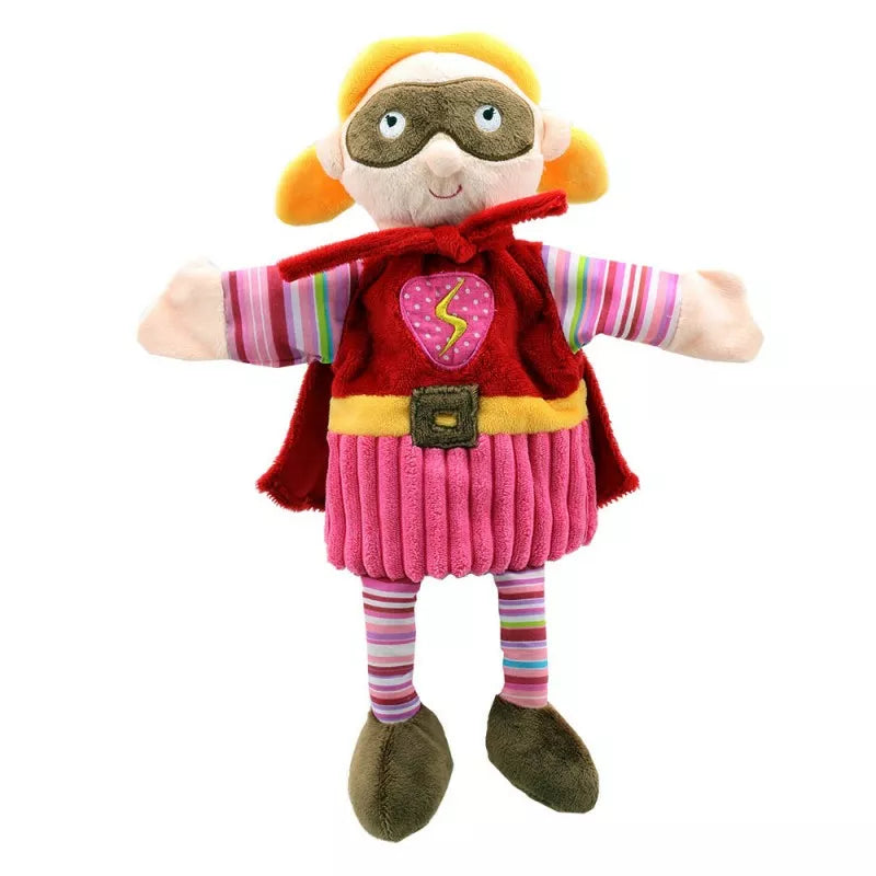 The Puppet Company Girl Super Hero is a stuffed toy puppet designed for kids.