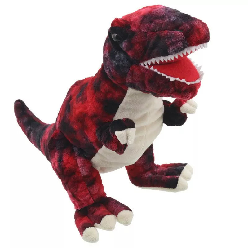 A red and black Baby T-Rex puppet for kids.