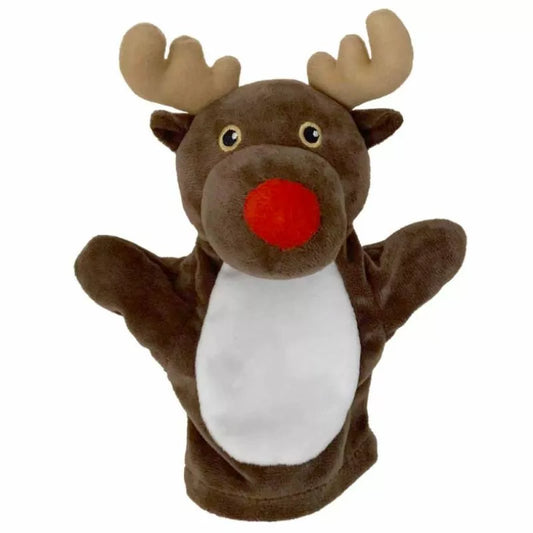 A playful My First Christmas Reindeer hand puppet for kids.