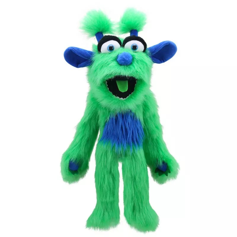 The Puppet Company Green Monster, a green and blue monster stuffed animal perfect for puppet shows and kids.
