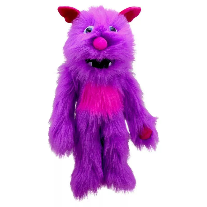 A kids' puppet show featuring The Puppet Company's Purple Monster with pink eyes.