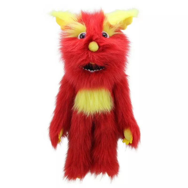 The Red Monster puppet from The Puppet Company stands on a white background, perfect for kids' puppet shows.