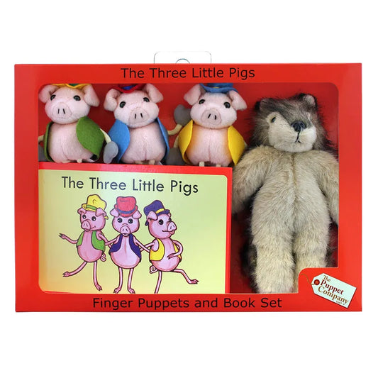 Introducing The Puppet Company Finger Puppet Story Set - The Three Little Pigs: a whimsical storytelling set with three charming pig puppets, a mischievous wolf, and "The Three Little Pigs" book, all in vibrant red packaging that highlights its delightful contents.