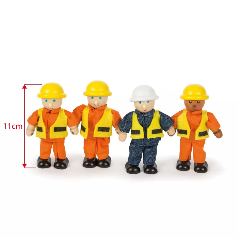 Four imaginative play Builders Set construction site worker figures in a line, varying in skin tones, each wearing safety gear and hard hats. A red line shows one figure's height as 11 cm.