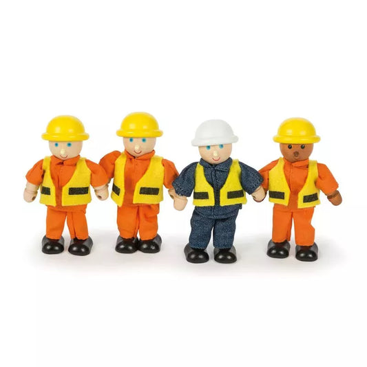Four Builders Sets dressed as construction site workers in reflective vests and helmets, featuring three in orange outfits and one in blue, standing against a white background.