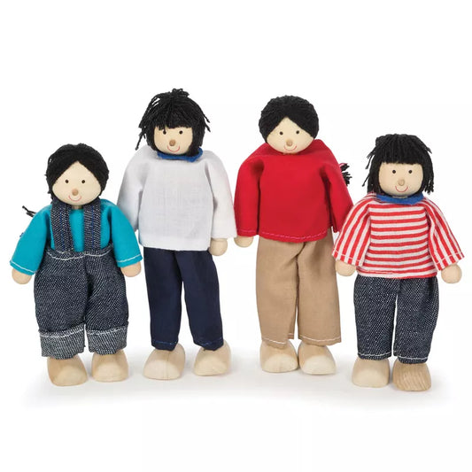 Four Multicultural Dolls – Asian Family with diverse hairstyles and outfits, designed for imaginative play, standing upright against a white background. Each doll wears a unique combination of colorful shirts and pants.