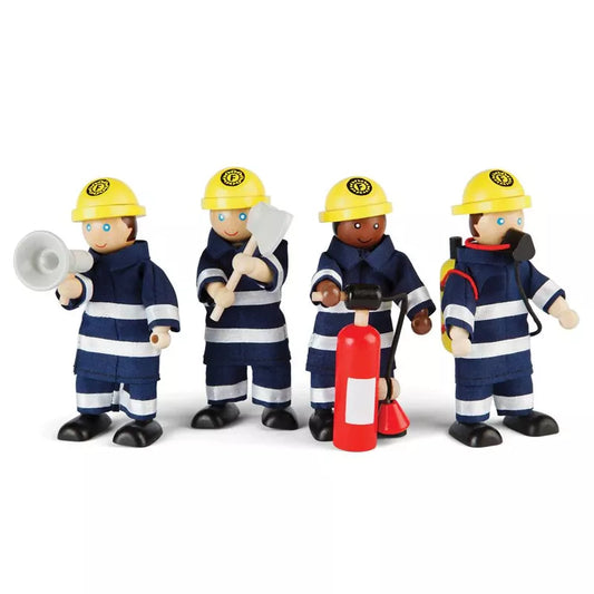 Four Firefighters Set in blue uniforms and yellow helmets, equipped with a megaphone, axe, fire extinguisher, and hose, standing on a white background. Ideal for imaginative play or as doll.