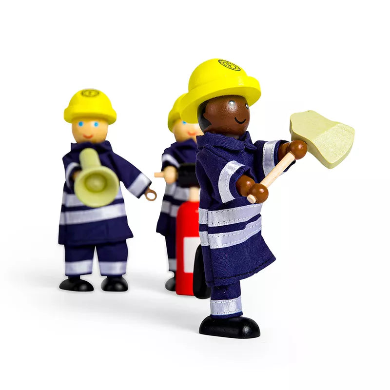 Three Firefighters Set in uniform, one swinging an axe. They are diverse in appearance, with one holding a hose and another carrying a fire extinguisher. White background.