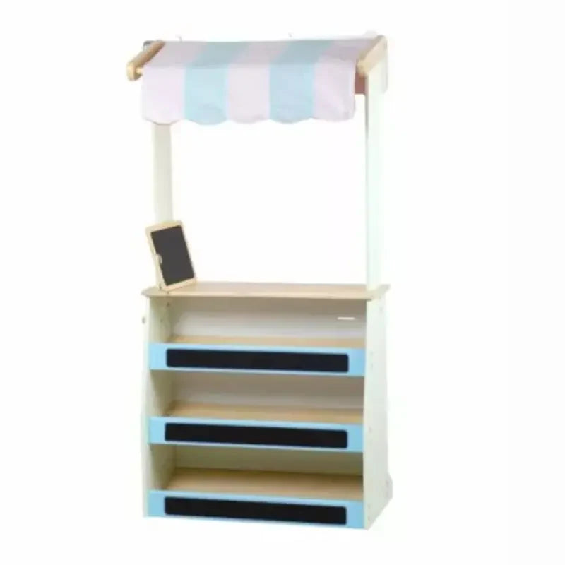 The Tidlo Playshop and Puppet Theatre with FREE Finger Puppets features a pastel blue and pink striped canopy, three shelves with black label areas, and a chalkboard sign—perfect for little shopkeepers' role-play fun.
