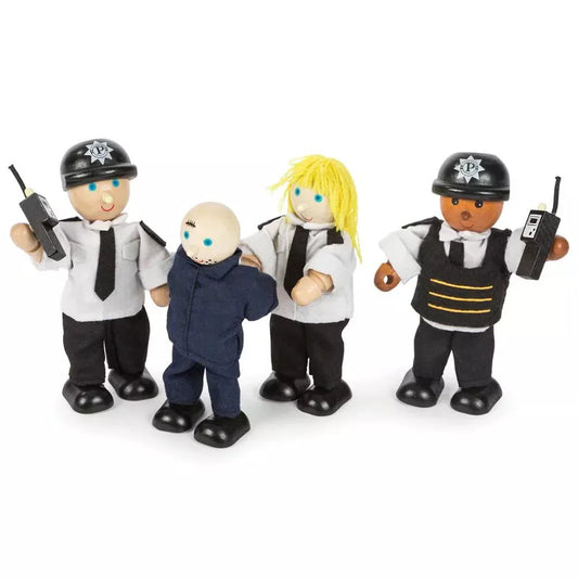 Four imaginative play Police Officers & Prisoner toy figures, styled in a cartoonish design, standing on a white background. Two officers hold radios, one holds a baton, and all wear black and white.