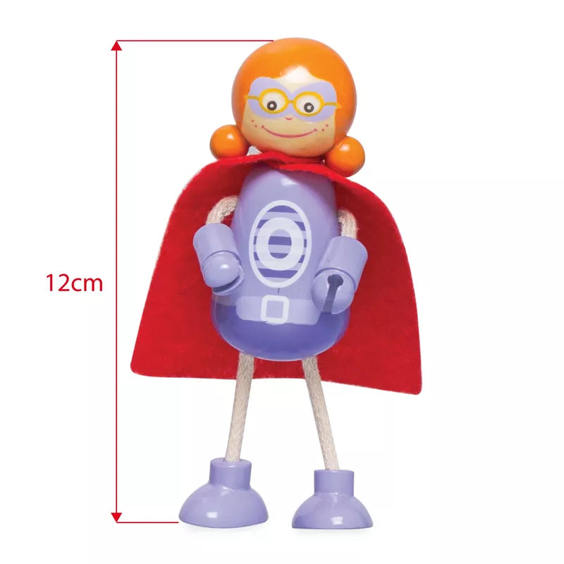 A colorful Superhero Figure Pack with a red cape, orange hair in buns, glasses, a gray body with a purple suit, and purple shoes. It measures 12 cm tall.