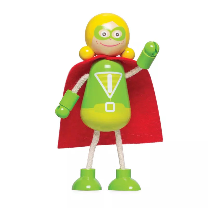 A Superhero Figure Pack for imaginative play, featuring a green body, yellow head, red cape, and green boots, standing with one arm raised in a cheerful gesture.