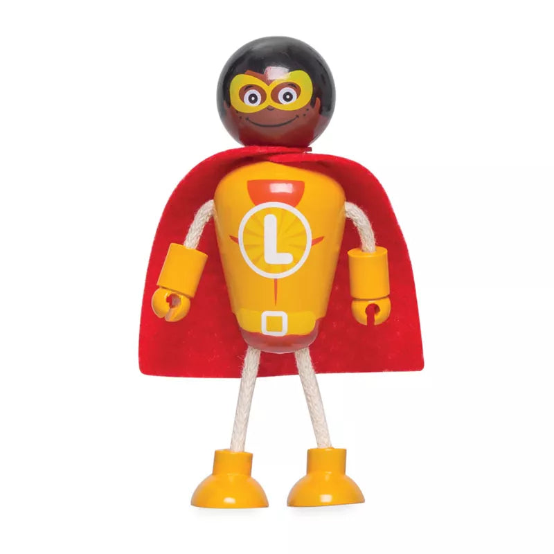 A Superhero Figure Pack suitable for imaginative play, wearing a red cape and yellow boots, featuring a clock face on its chest and rope-like arms and legs, isolated on a white background.