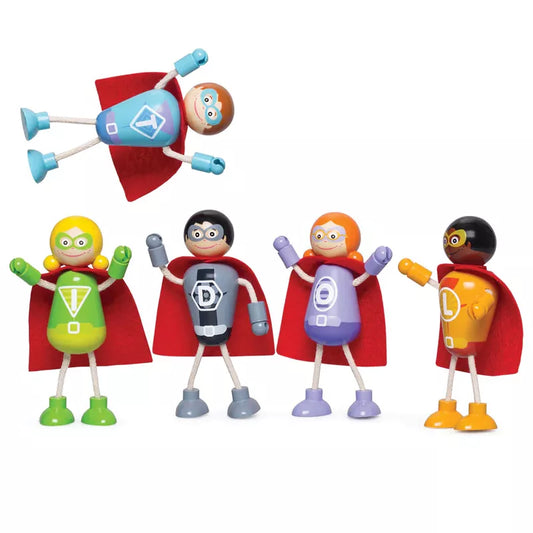 Five colorful Superhero Figure Packs with capes and helmets, posed against a white background. Each character has a distinct color and symbol on their chest, ideal for imaginative play.