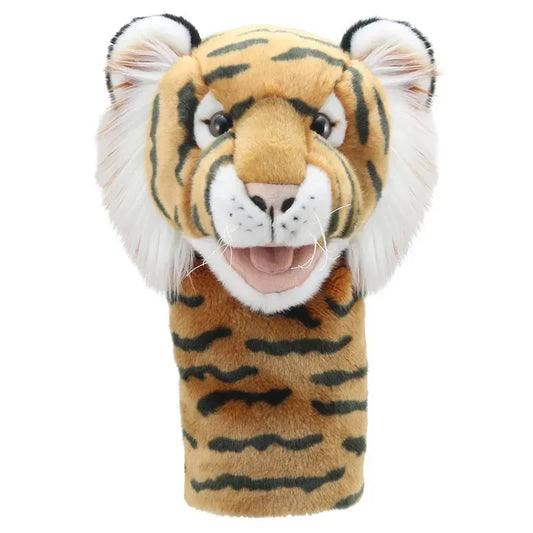 Introducing the Jumbo Friends Tiger Hand Puppet, a delightful tool for imagination. It features detailed fur patterns, black stripes, and an open mouth with a pink tongue and white teeth, all set against a pristine white background for endless storytelling adventures.