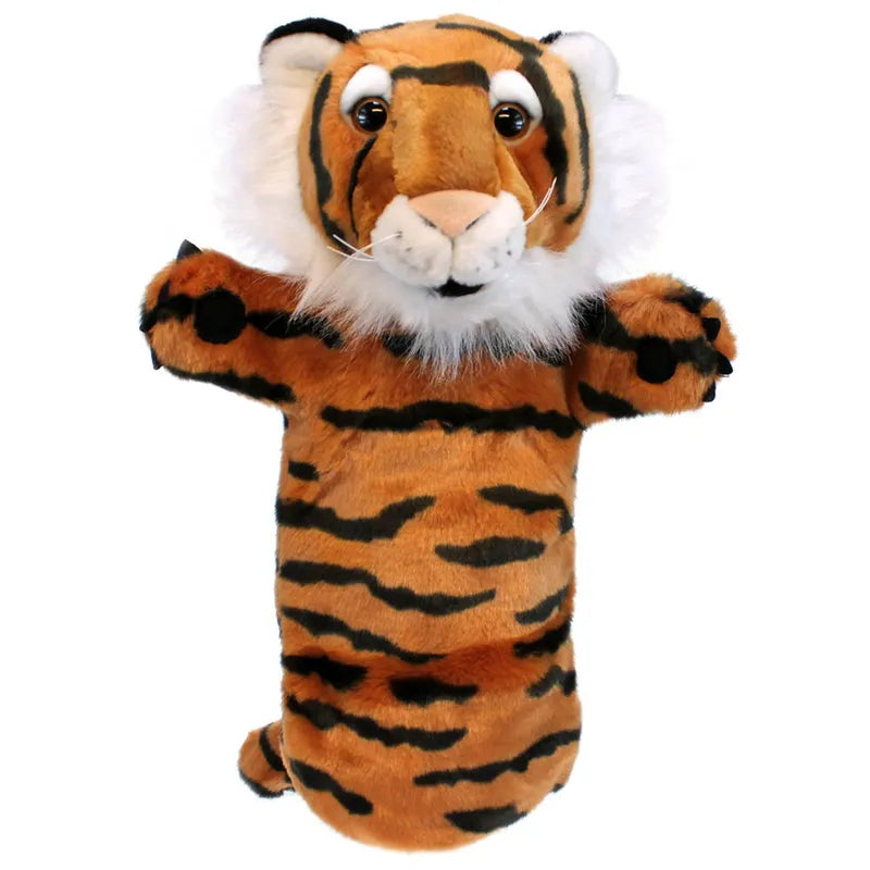 The Puppet Company Long Sleeved Puppet Tiger is a plush hand puppet made from premium fabrics featuring vibrant orange fur, black stripes, a white muzzle, a friendly expression, large eyes, raised arms, and a working mouth for life-like charm against a plain white backdrop.