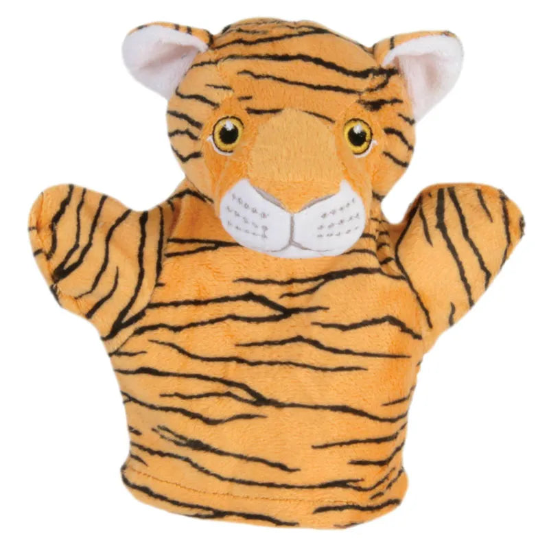 Introducing The Puppet Company My First Puppet Tiger, a plush puppet with orange fur, black stripes, small ears, bright eyes, and an adorable expression. It's perfect for interactive play that encourages language development while inviting little ones to explore and learn.