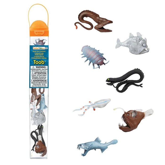 A tube of kid-friendly Deep Sea Creatures figurines, perfect for a puppet show with the kids.