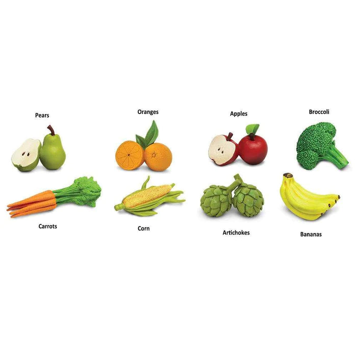 Kids puppet show featuring TOOB® Figurines of Fruits & Vegetables on a white background.