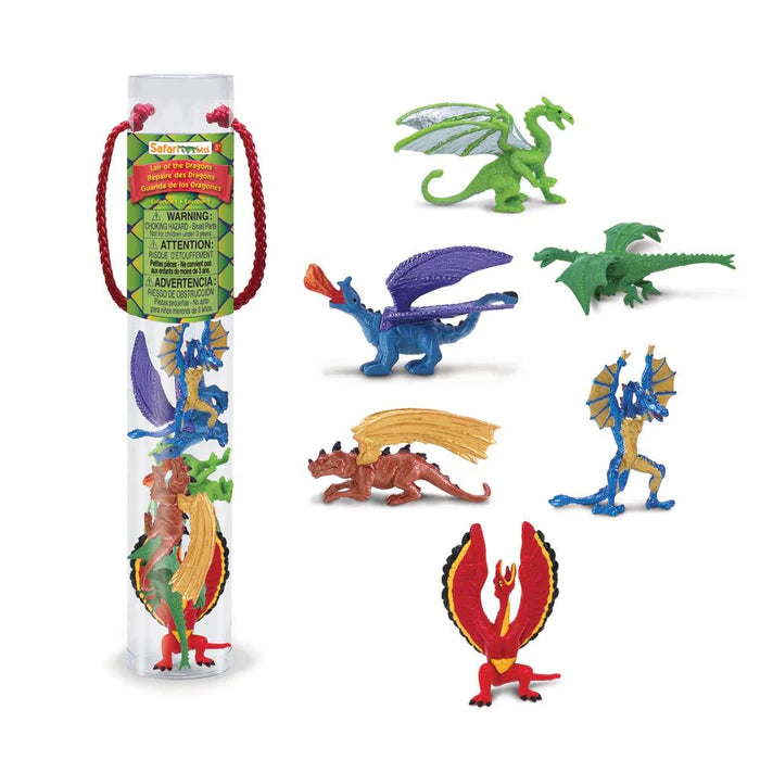 A tube containing a collection of dragon figurines designed for kids, inspired by puppet shows.