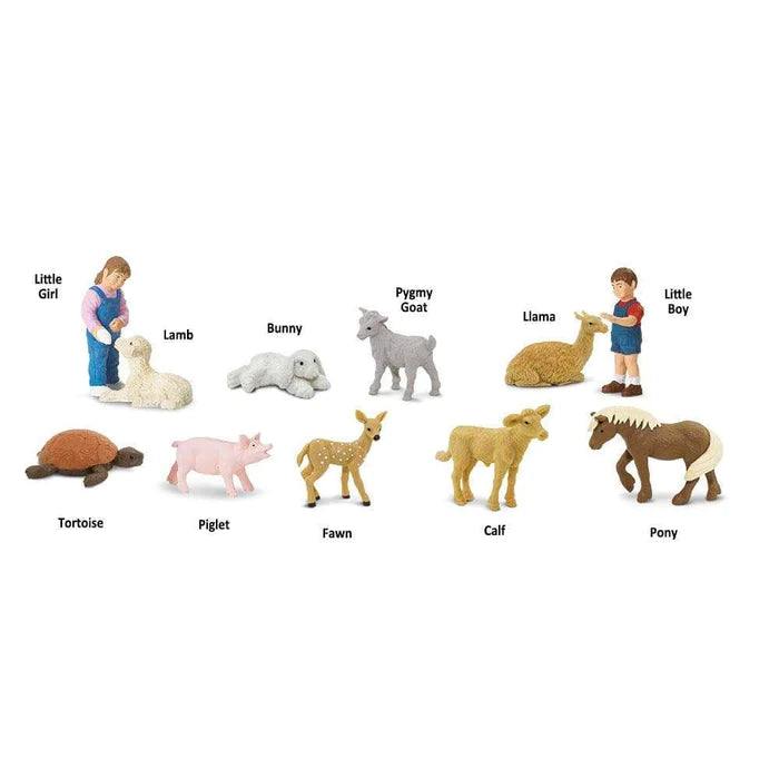 A group of kids petting zoo figurines are shown on a white background.