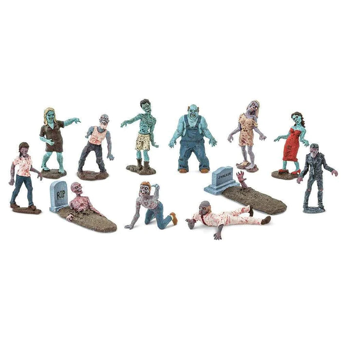 A group of kids' TOOB figurines zombies on a white background, perfect for a puppet show.